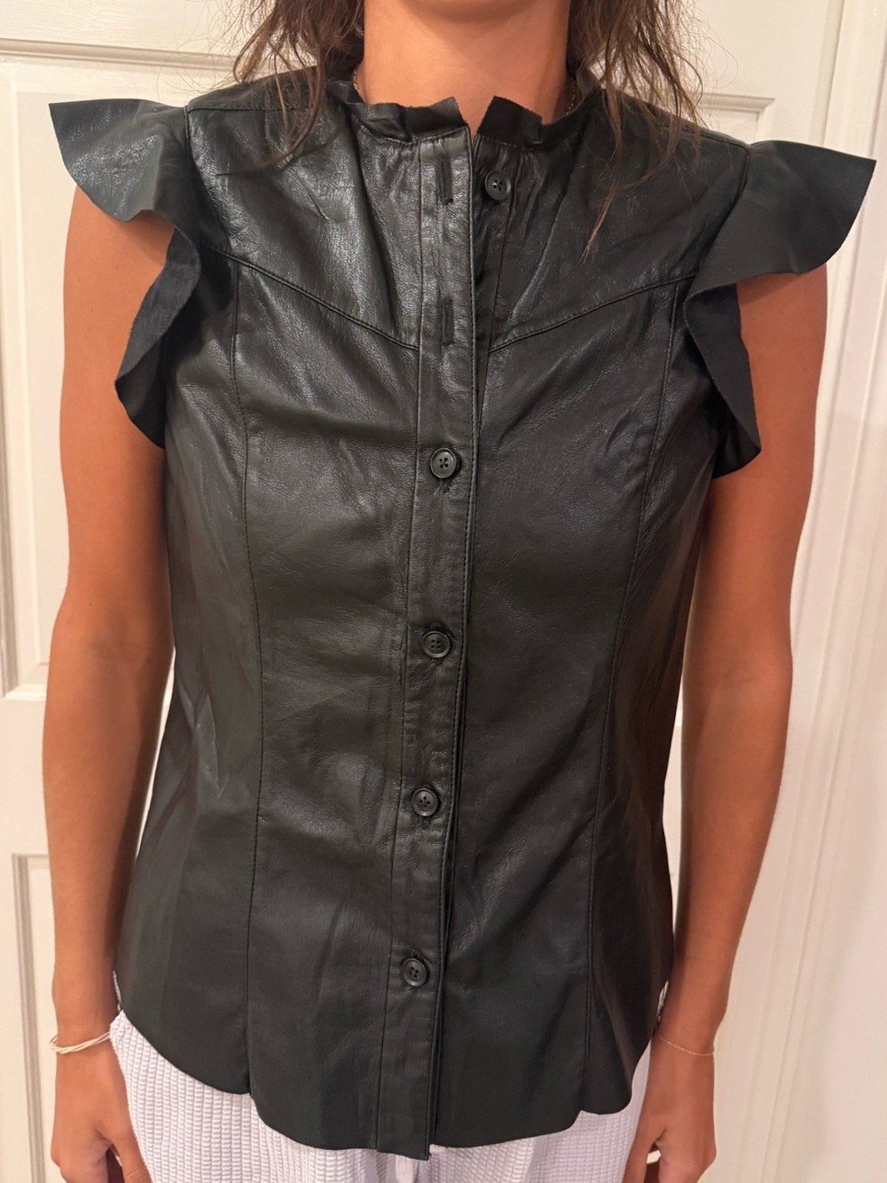 Joie Black Faux Leather Ruffle-Sleeve Button Front Top